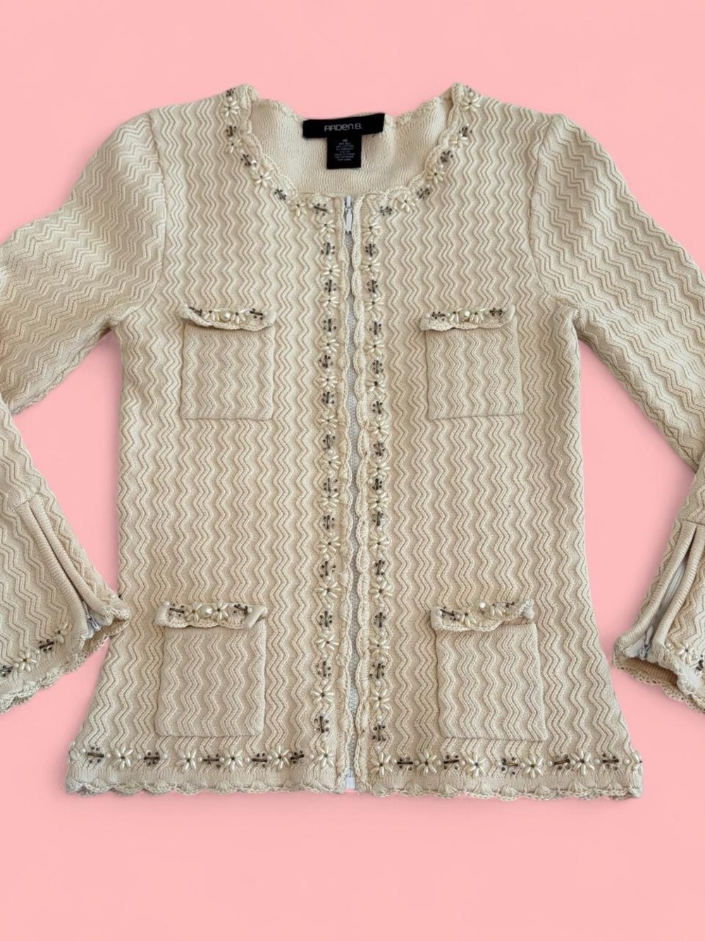 Arden B Cream Embellished Knit cardigan Xsmall